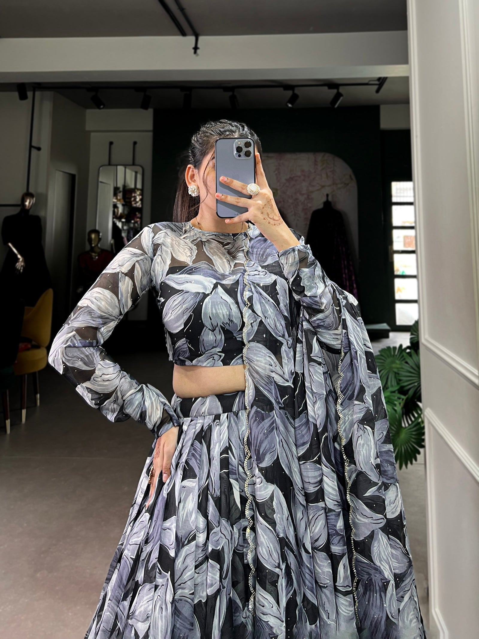 Black Glamorous Grace Tabby Silk Lehenga Set with Hotfix Detailing
