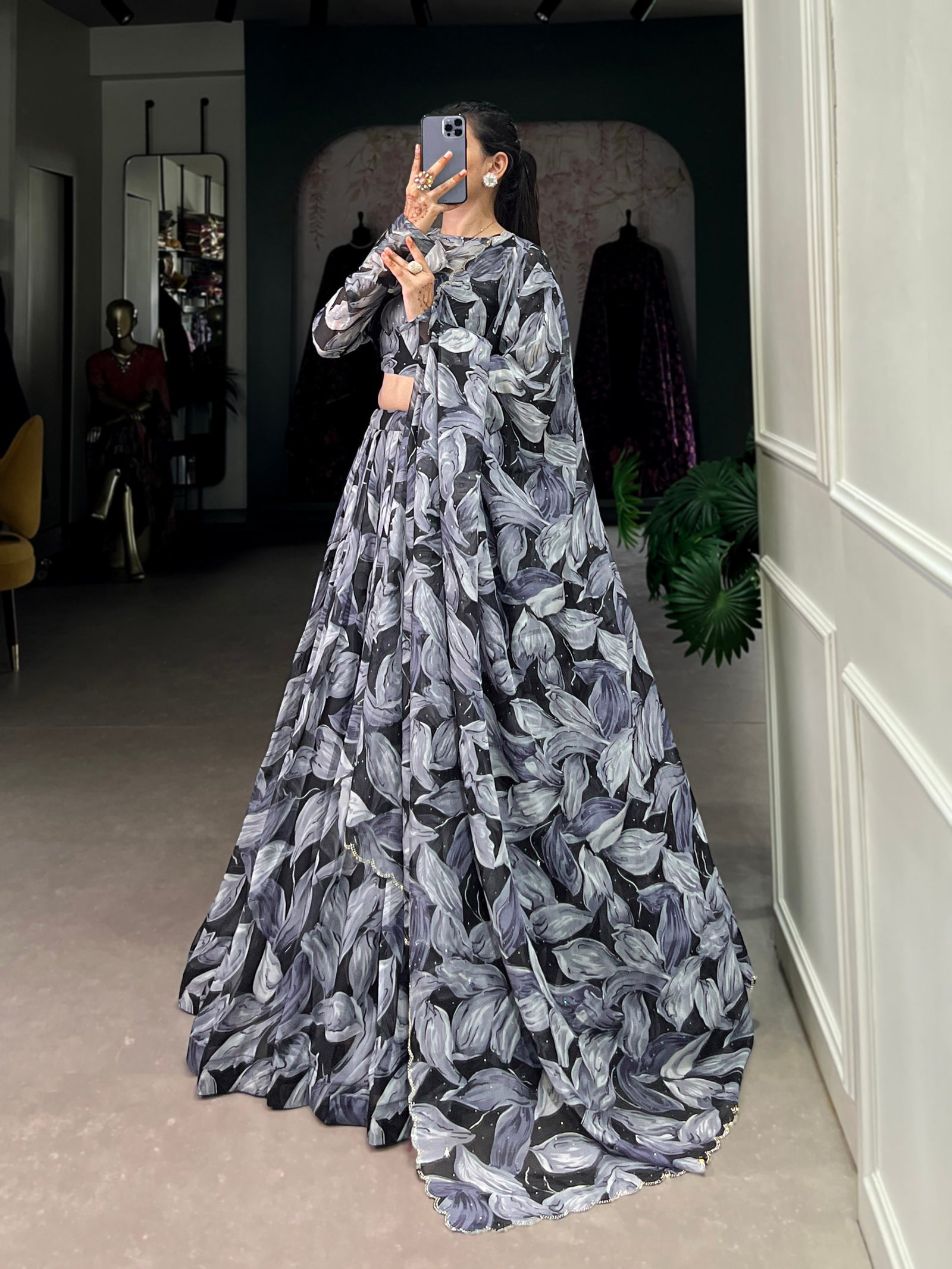 Black Glamorous Grace Tabby Silk Lehenga Set with Hotfix Detailing