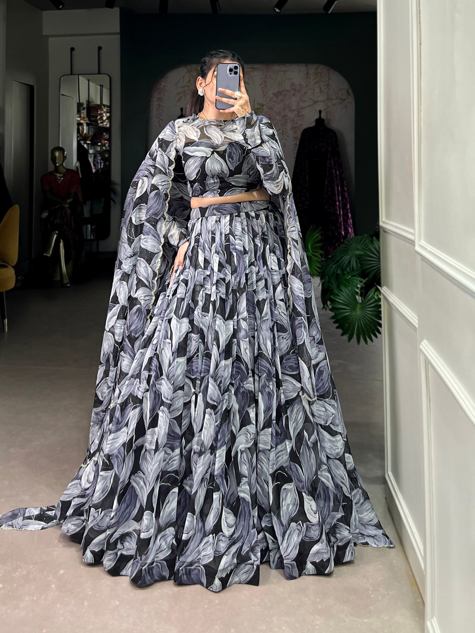 Black Glamorous Grace Tabby Silk Lehenga Set with Hotfix Detailing