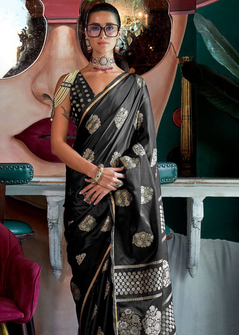 Black Glamorous Satin Silk Saree – Perfect for Cocktail & Dinner Parties ClothsVilla