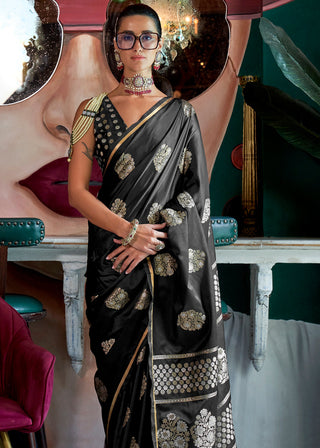 Black Glamorous Satin Silk Saree – Perfect for Cocktail & Dinner Parties ClothsVilla