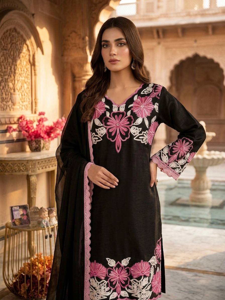 Black Glass Satin Farshi Palazzo Set ClothsVilla