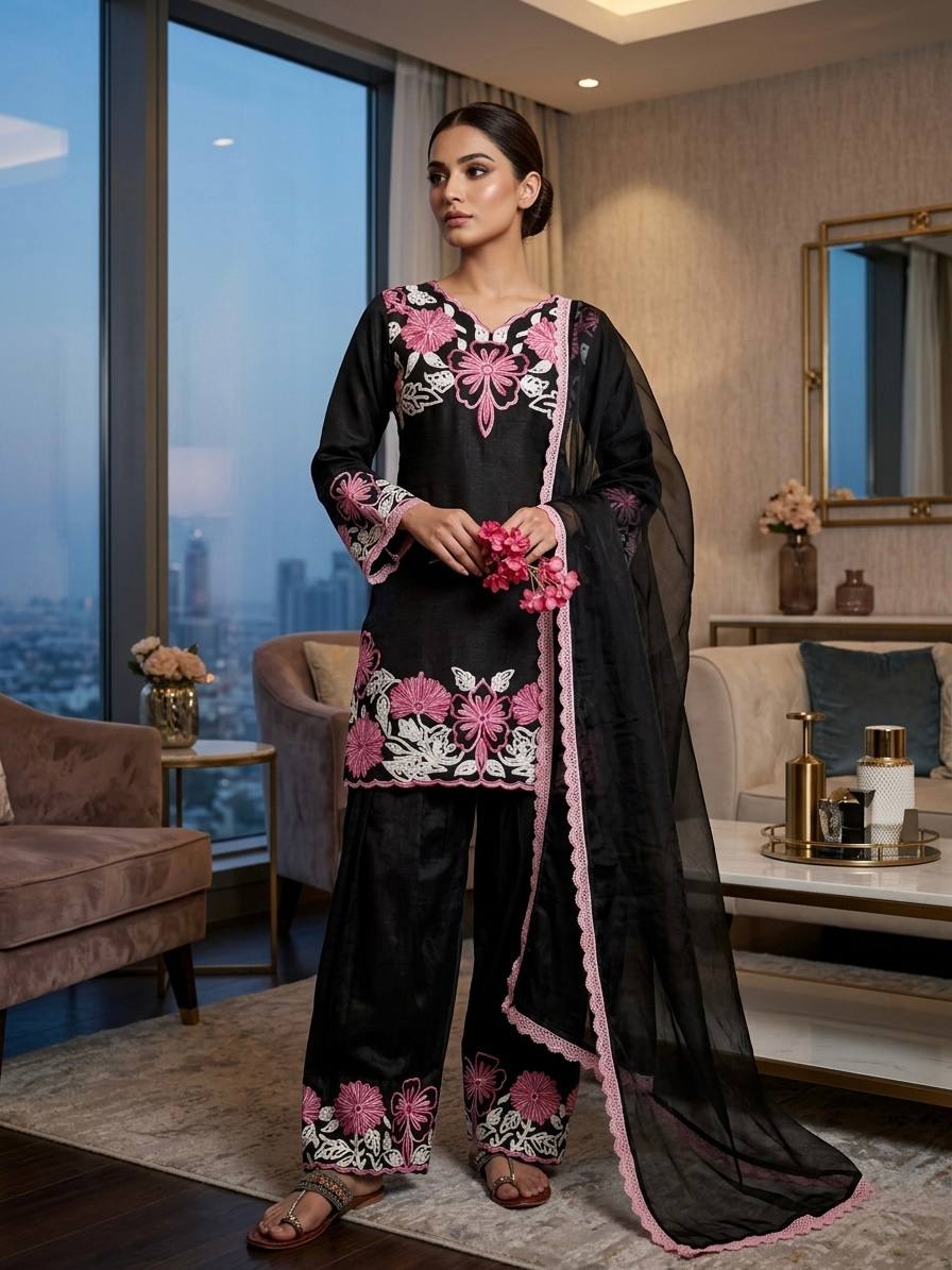 Black Glass Satin Farshi Palazzo Set ClothsVilla