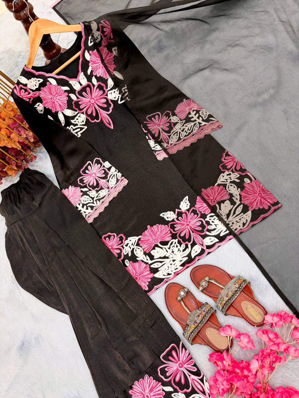 Black Glass Satin Farshi Palazzo Set ClothsVilla