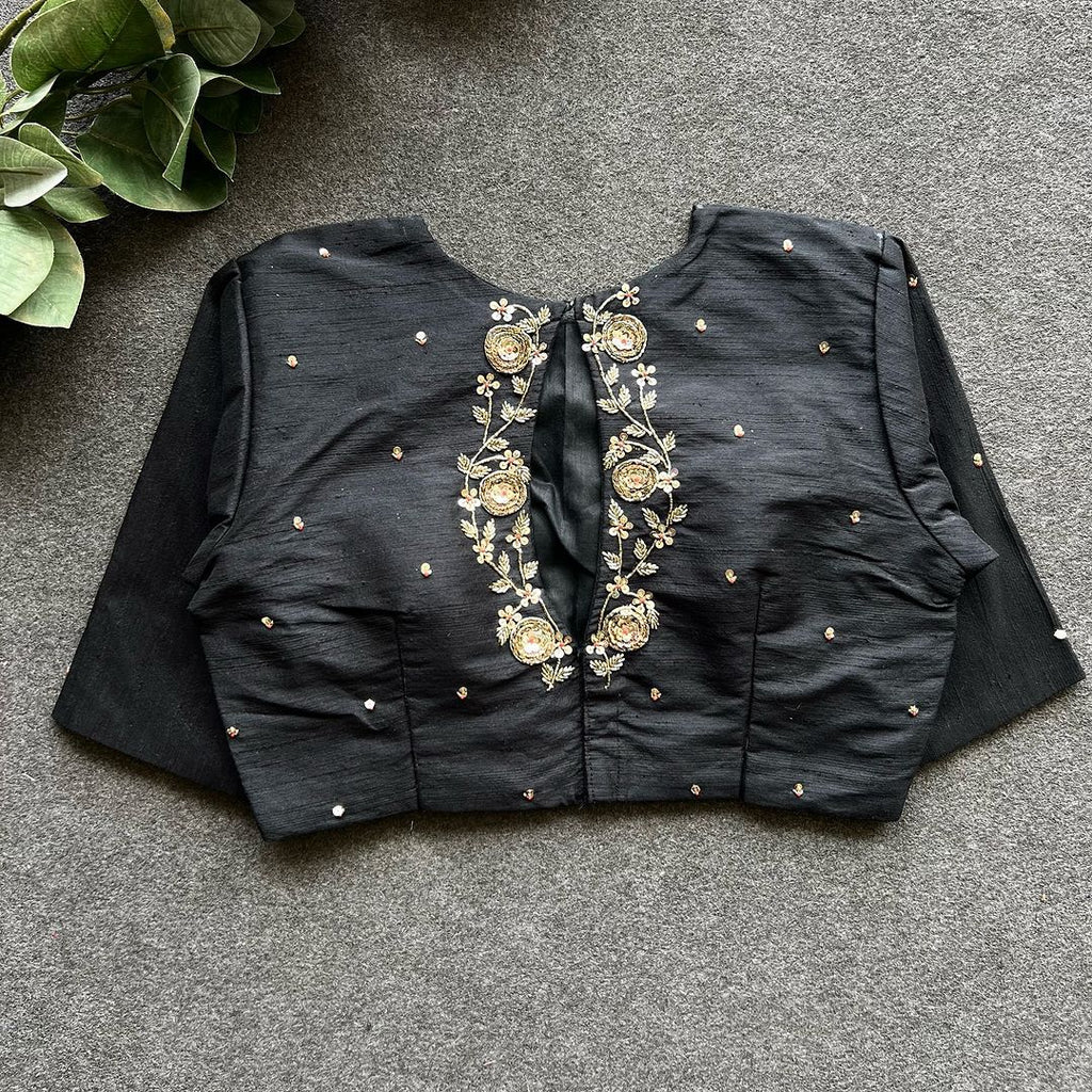 Black Golden Elegance: Handcrafted Elzara Silk Blouse ClothsVilla