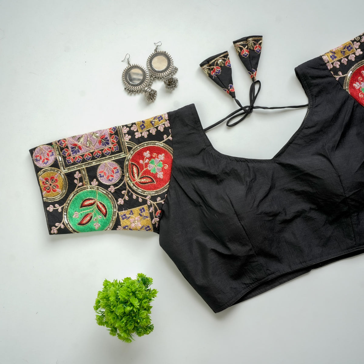 Black Golden Embroidered Blouse with Sequins on Seoul Silk Sleeves ClothsVilla Main image