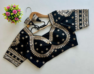 Black Golden Embroidered Blubbery Silk Blouse with Sequins ClothsVilla