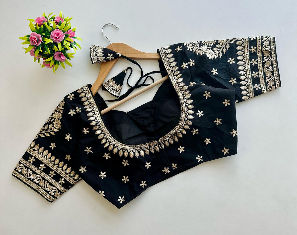 Black Golden Embroidered Blubbery Silk Blouse with Sequins ClothsVilla