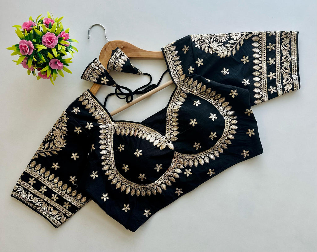 Black Golden Embroidered Blubbery Silk Blouse with Sequins ClothsVilla