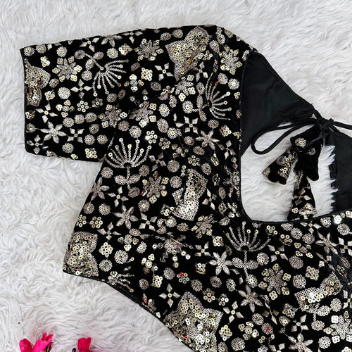 Black Golden Embroidered Velvet Blouse with Sequins ClothsVilla
