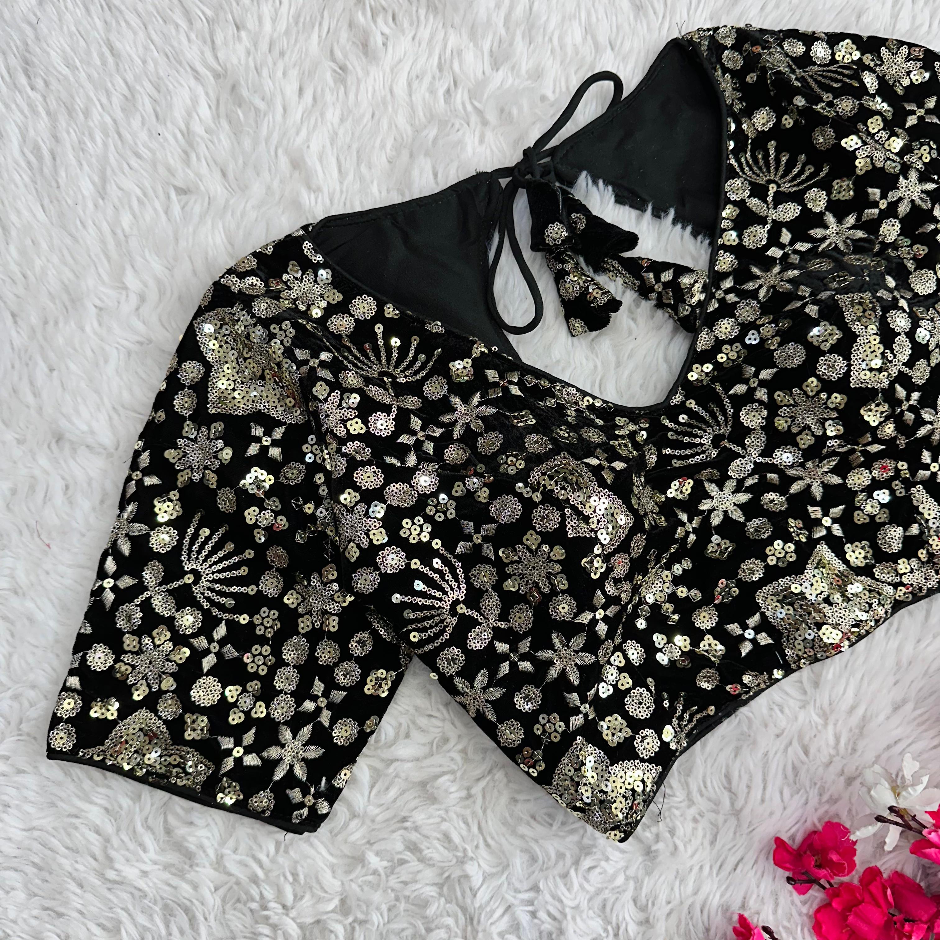 Black Golden Embroidered Velvet Blouse with Sequins ClothsVilla
