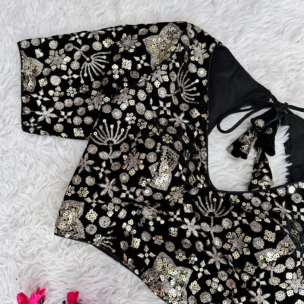 Black Golden Embroidered Velvet Blouse with Sequins ClothsVilla