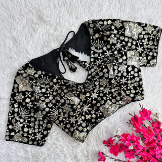 Black Golden Embroidered Velvet Blouse with Sequins ClothsVilla