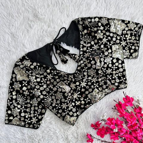 Black Golden Embroidered Velvet Blouse with Sequins ClothsVilla Main image