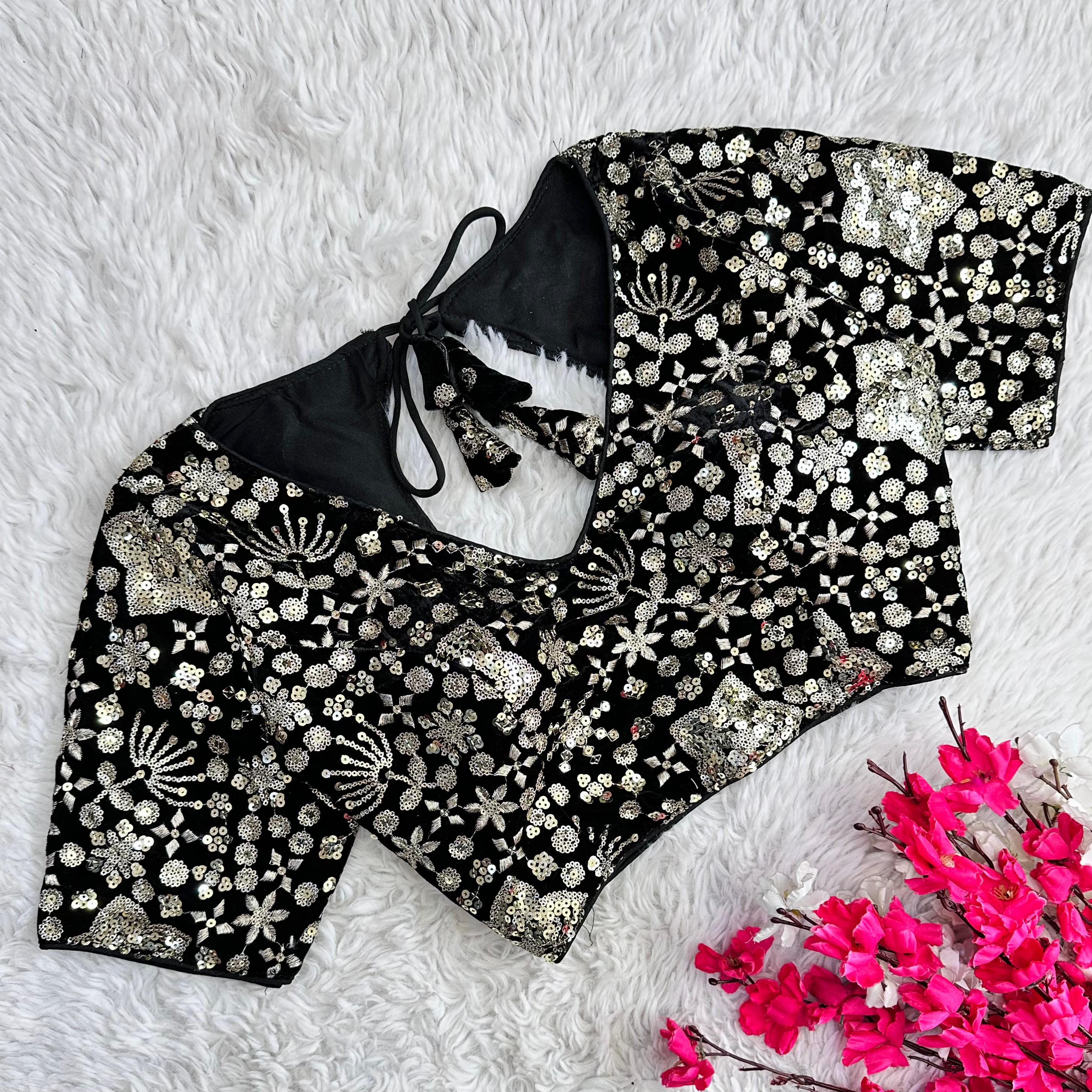 Black Golden Embroidered Velvet Blouse with Sequins ClothsVilla