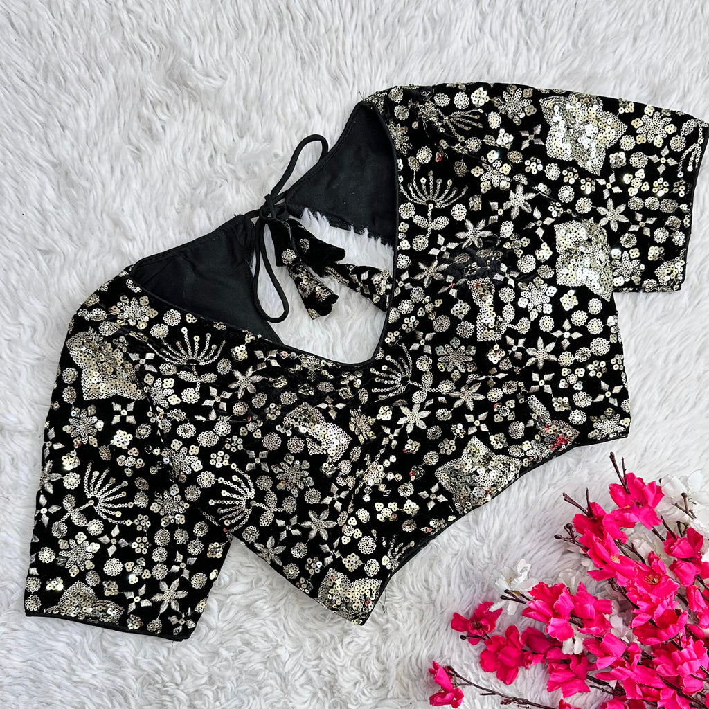 Black Golden Embroidered Velvet Blouse with Sequins ClothsVilla