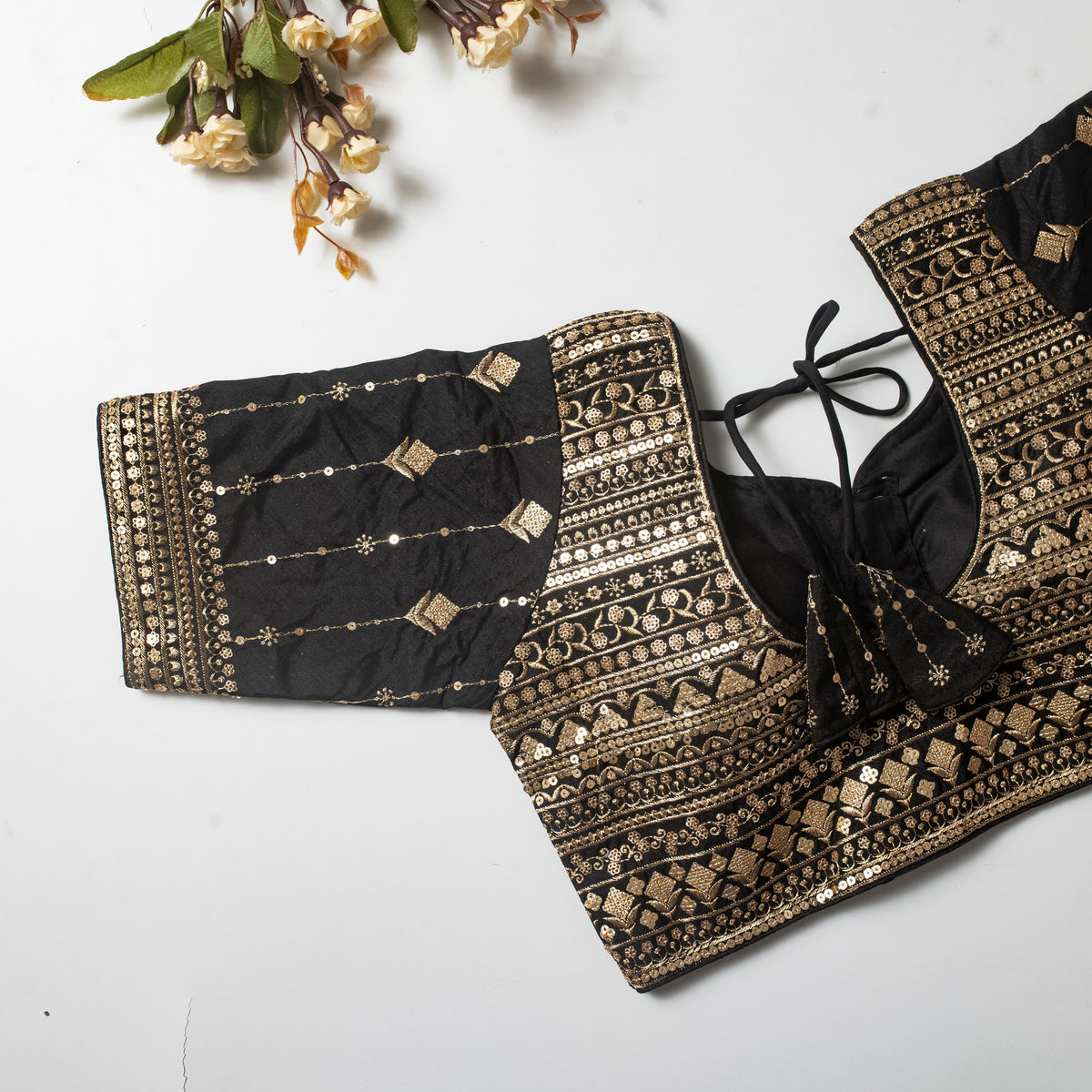 Black Golden Embroidered Vibrant Silk Blouse with Sequins ClothsVilla Main image