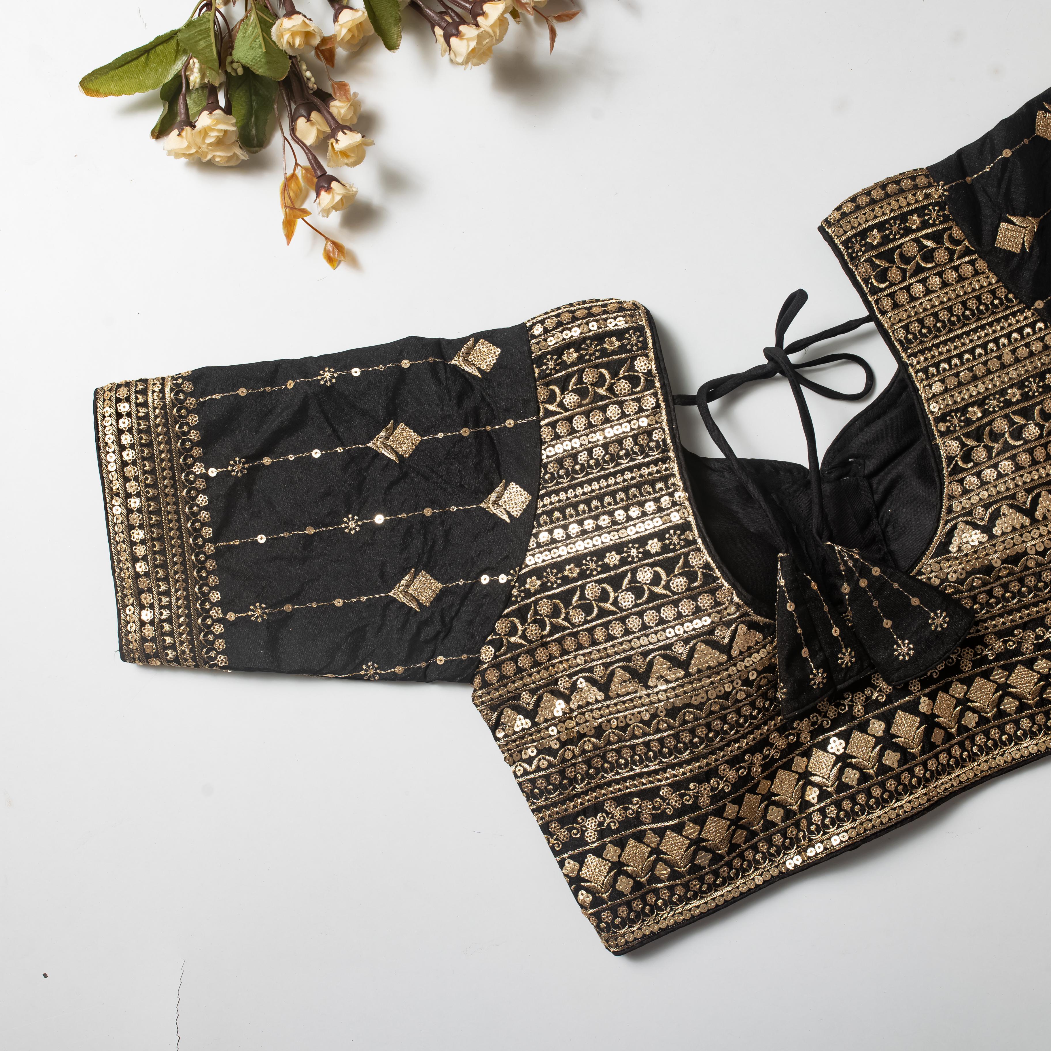 Black Golden Embroidered Vibrant Silk Blouse with Sequins ClothsVilla Main image