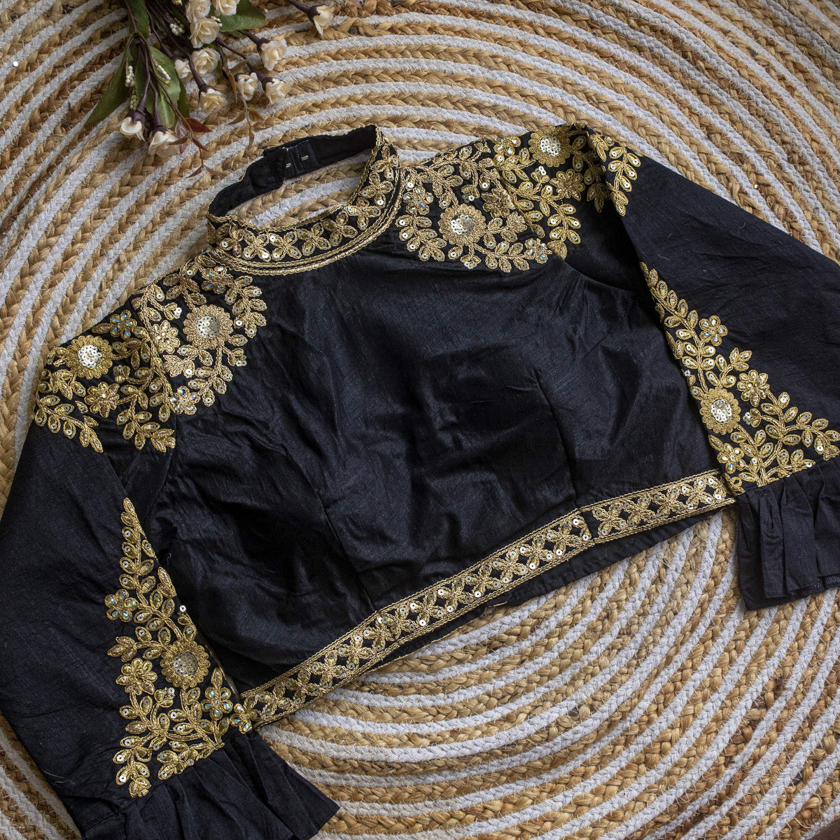 Black Golden Sequence Embroidered Blouse in glossy silk ClothsVilla Main image