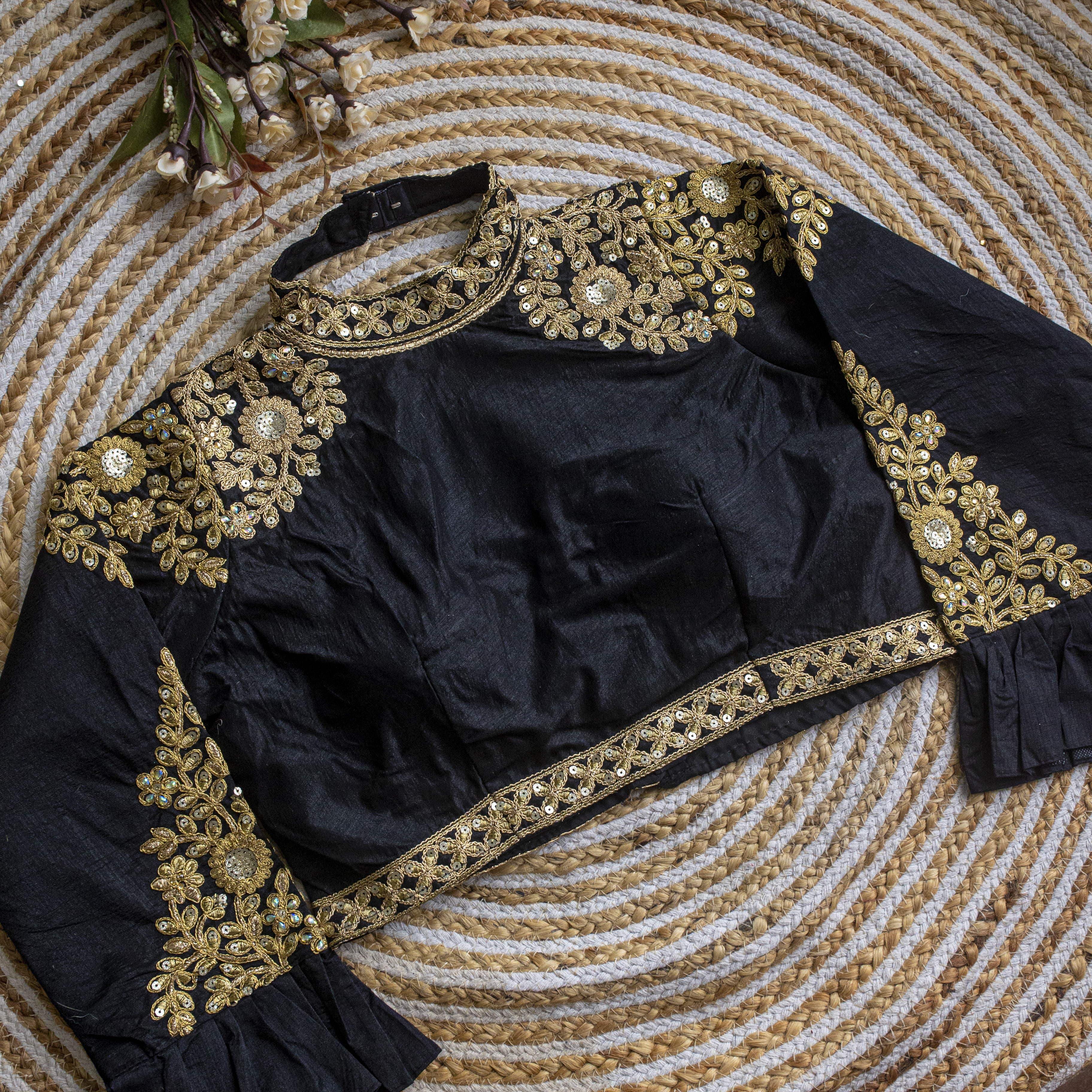 Black Golden Sequence Embroidered Blouse in glossy silk ClothsVilla Main image