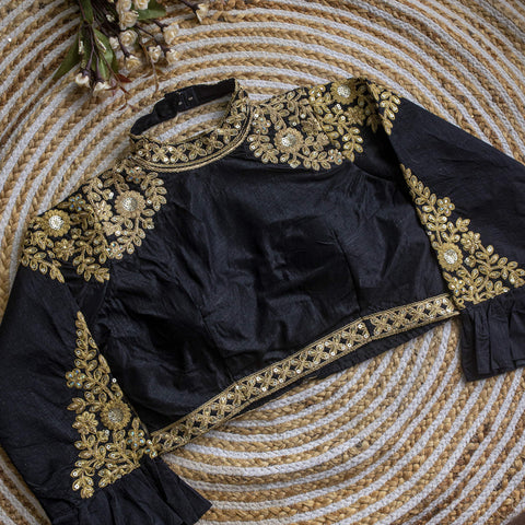 Black Golden Sequence Embroidered Blouse in glossy silk ClothsVilla Main image