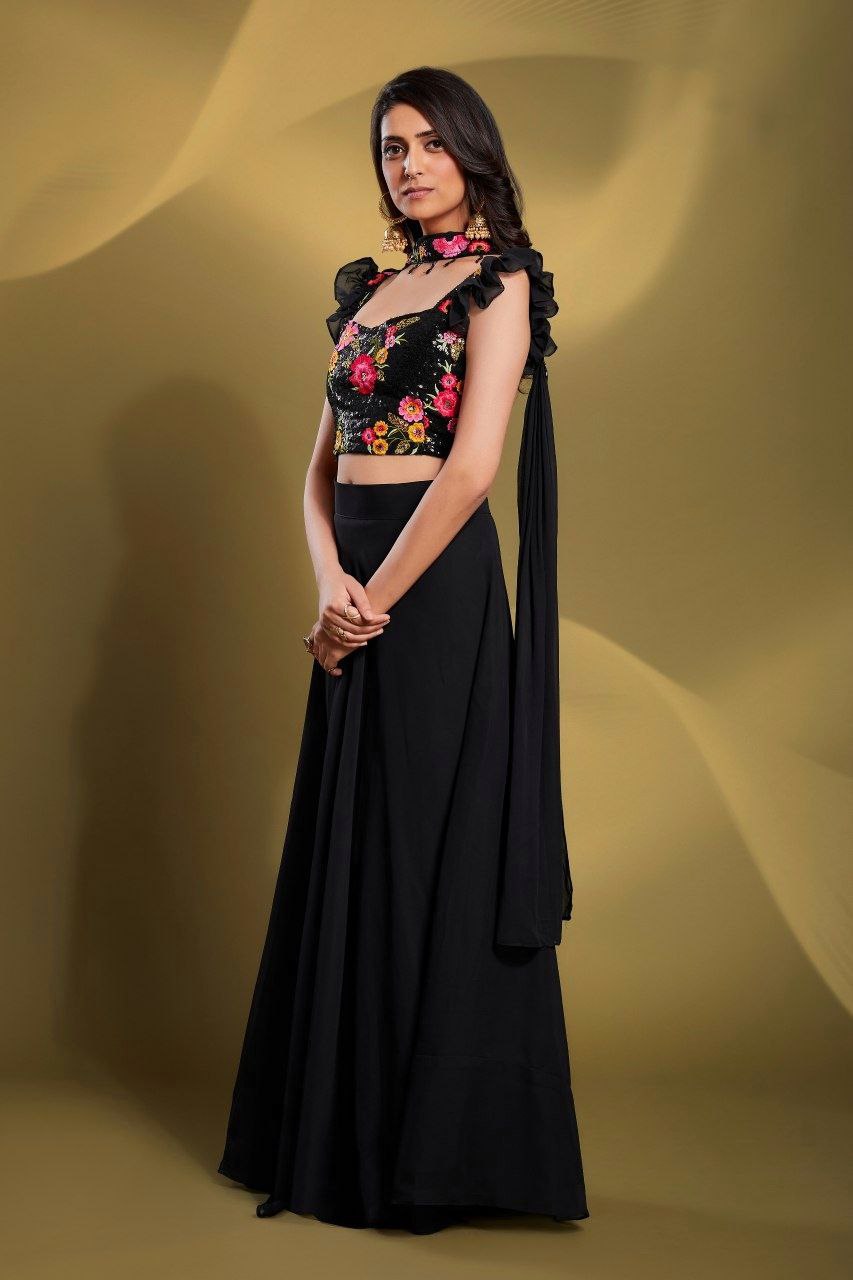 Black Gorgeous Georgette Embroidered Lehenga Set – Ready to Wear ClothsVilla