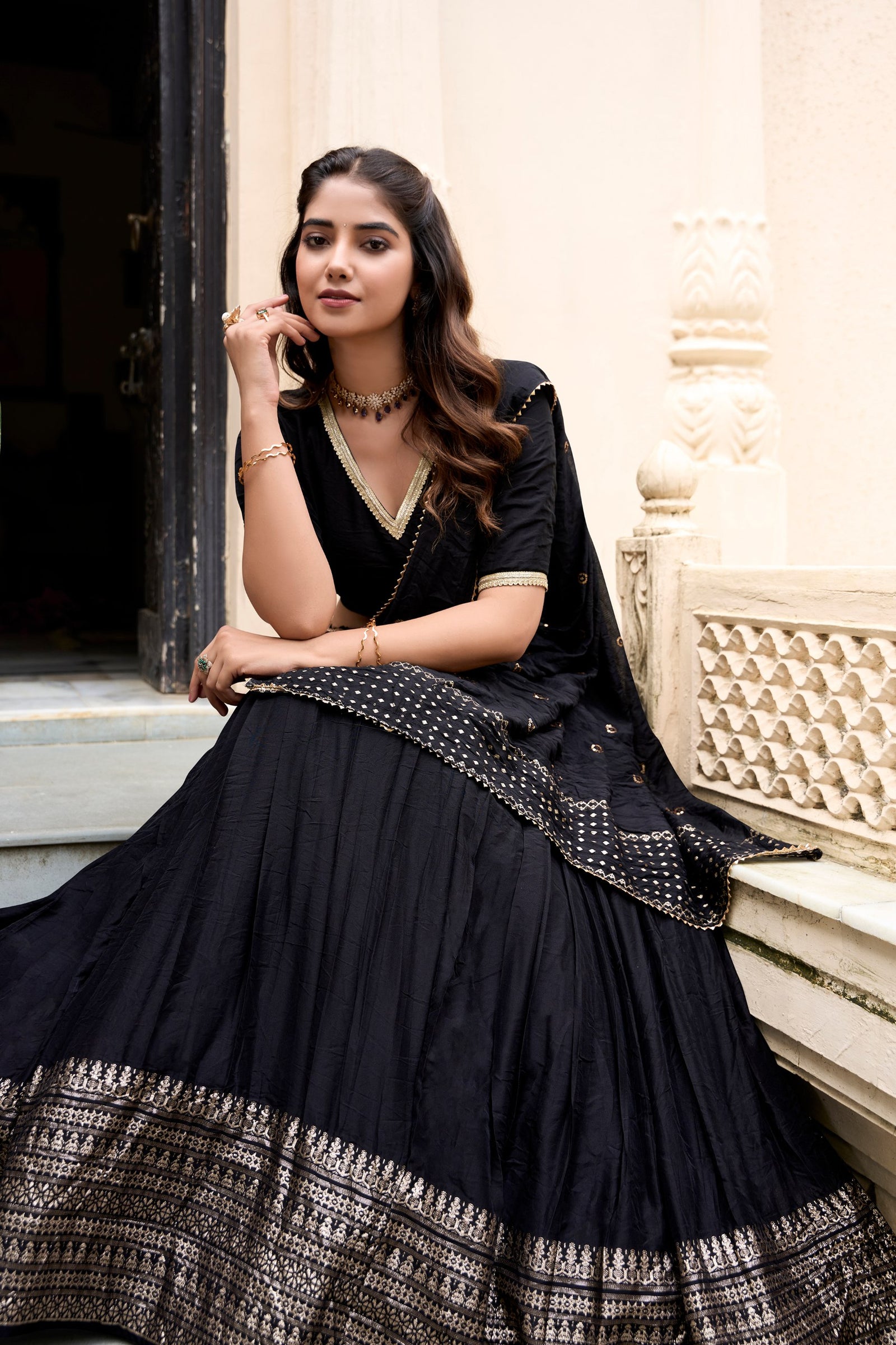 Black Graceful Elegance Pure Chanderi Lehenga with Zari Border & Sequin Dupatta
