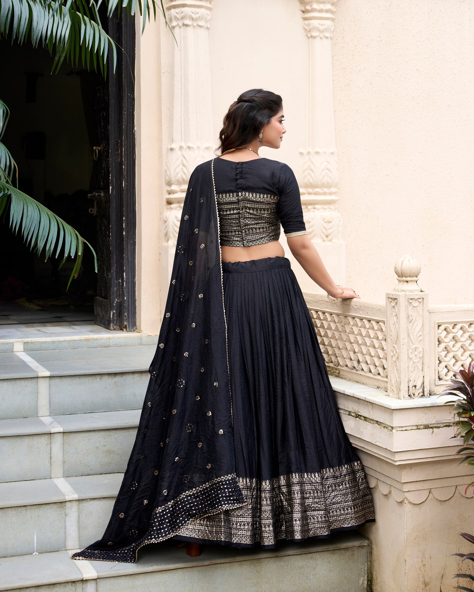 Black Graceful Elegance Pure Chanderi Lehenga with Zari Border & Sequin Dupatta