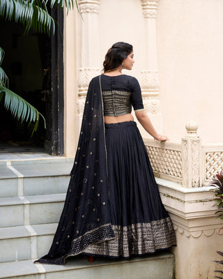 Black Graceful Elegance Pure Chanderi Lehenga with Zari Border & Sequin Dupatta