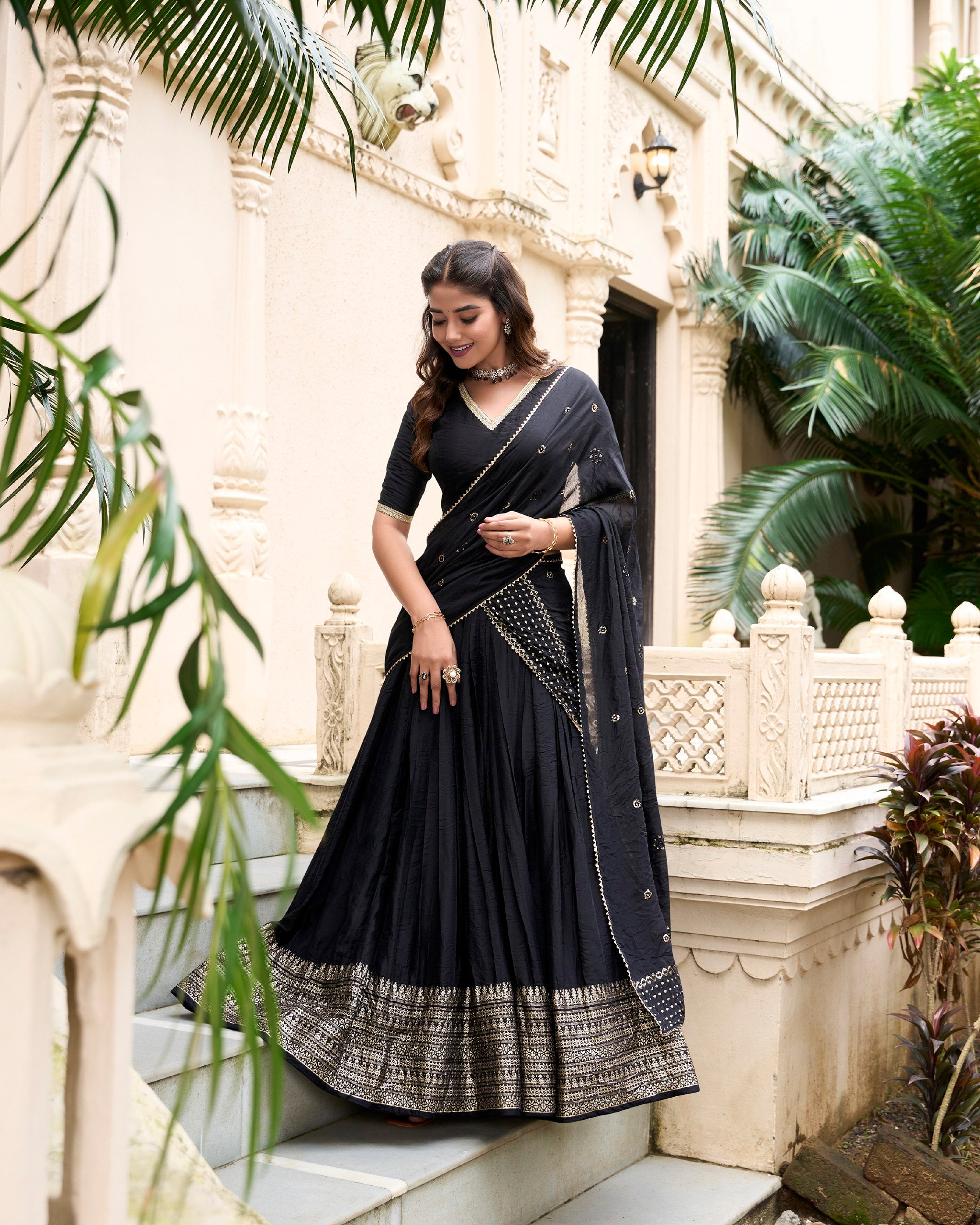 Black Graceful Elegance Pure Chanderi Lehenga with Zari Border & Sequin Dupatta Secondary image