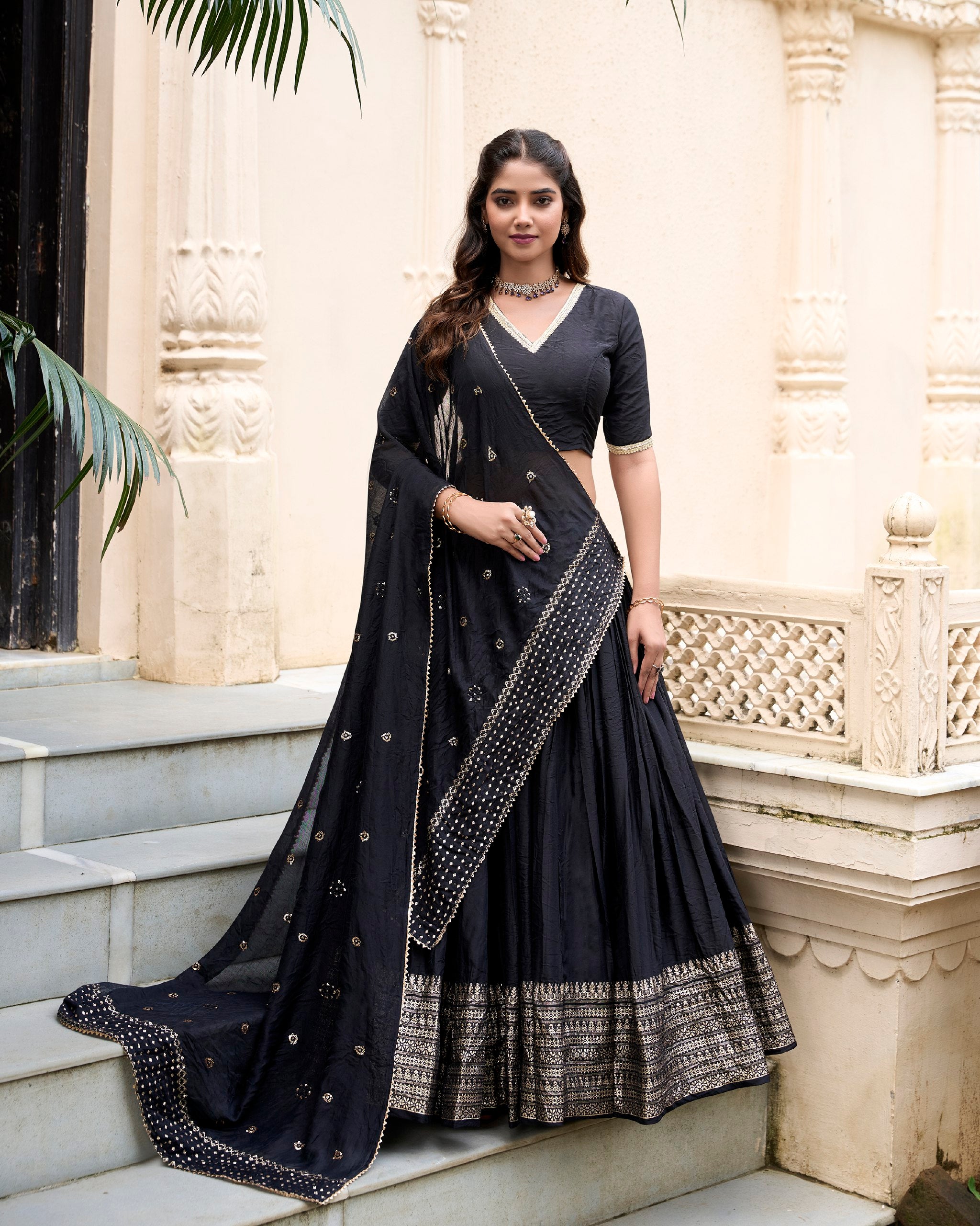 Black Graceful Elegance Pure Chanderi Lehenga with Zari Border & Sequin Dupatta Main image