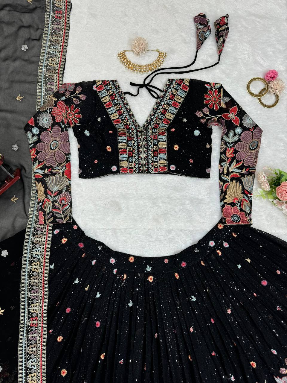Black Graceful Faux Georgette Lehenga Choli Set with Sequin & Thread Embroidery ClothsVilla