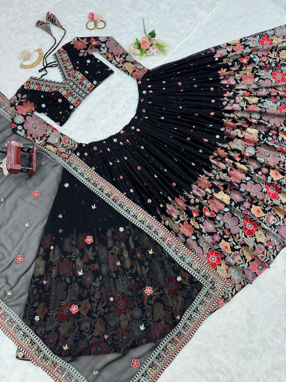 Black Graceful Faux Georgette Lehenga Choli Set with Sequin & Thread Embroidery ClothsVilla