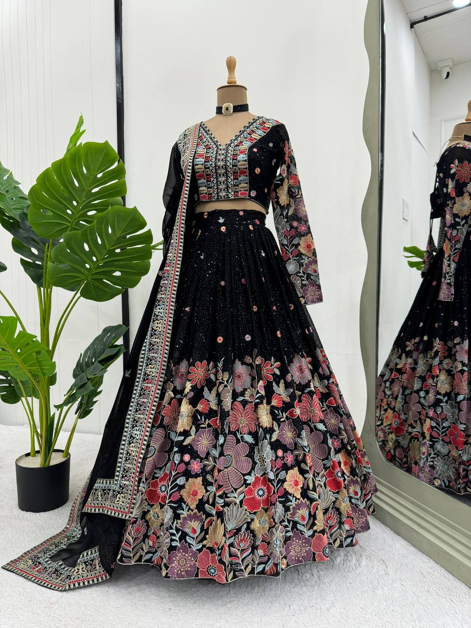 Black Graceful Faux Georgette Lehenga Choli Set with Sequin & Thread Embroidery ClothsVilla