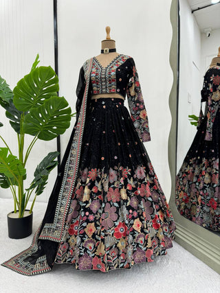 Black Graceful Faux Georgette Lehenga Choli Set with Sequin & Thread Embroidery ClothsVilla