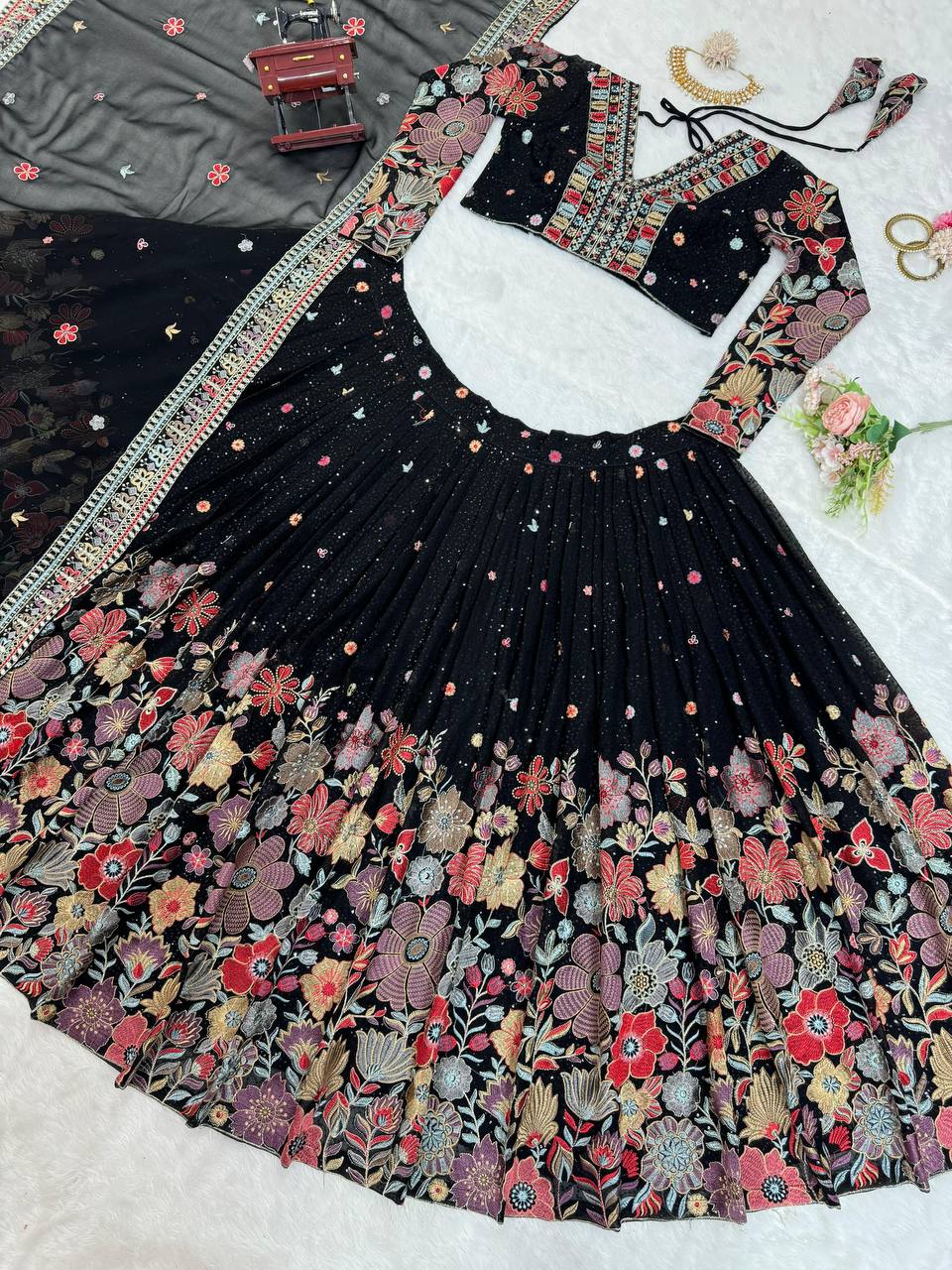Black Graceful Faux Georgette Lehenga Choli Set with Sequin & Thread Embroidery ClothsVilla