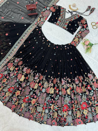 Black Graceful Faux Georgette Lehenga Choli Set with Sequin & Thread Embroidery ClothsVilla