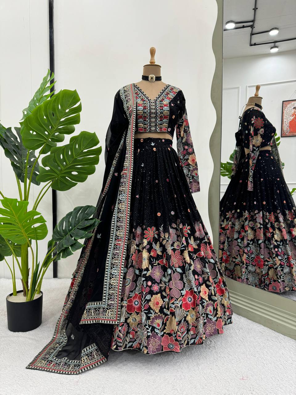 Black Graceful Faux Georgette Lehenga Choli Set with Sequin & Thread Embroidery ClothsVilla