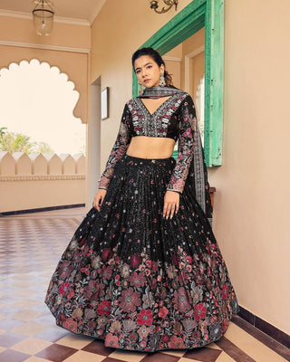Black Graceful Faux Georgette Lehenga Choli Set with Sequin & Thread Embroidery ClothsVilla