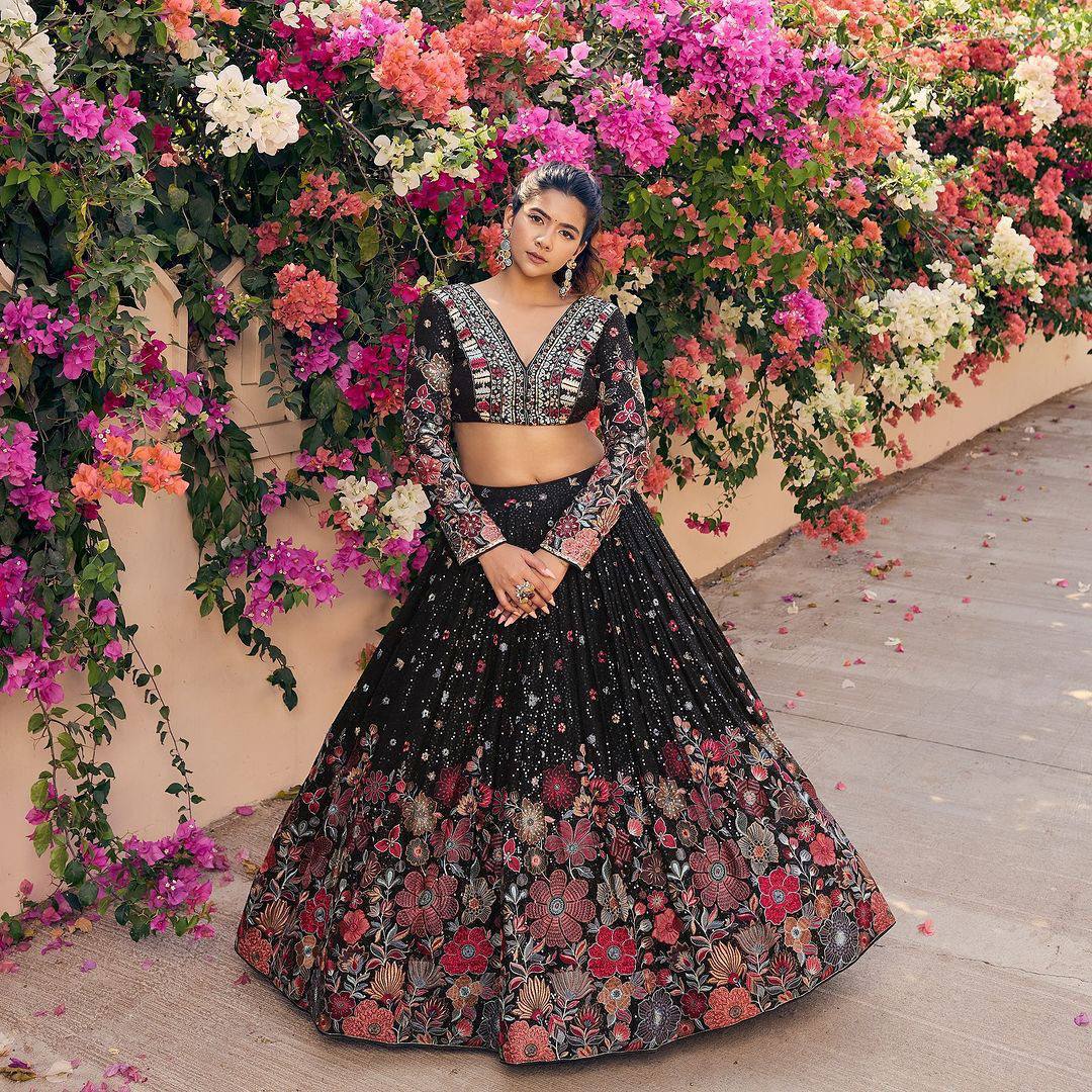 Black Graceful Faux Georgette Lehenga Choli Set with Sequin & Thread Embroidery ClothsVilla Main image