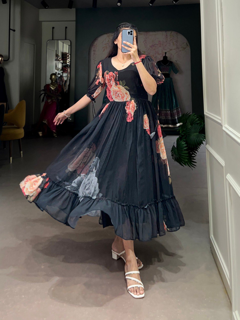 Black Graceful Floral Georgette Frock – Ethnic Summer Collection Main image