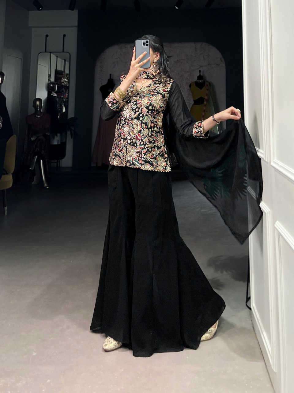 Black Graceful Georgette Embroidered Suit Set with Dupatta ClothsVilla