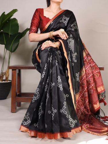 Black Graceful Jacquard Silk Saree with Printed & Zari Weaving Work ClothsVilla