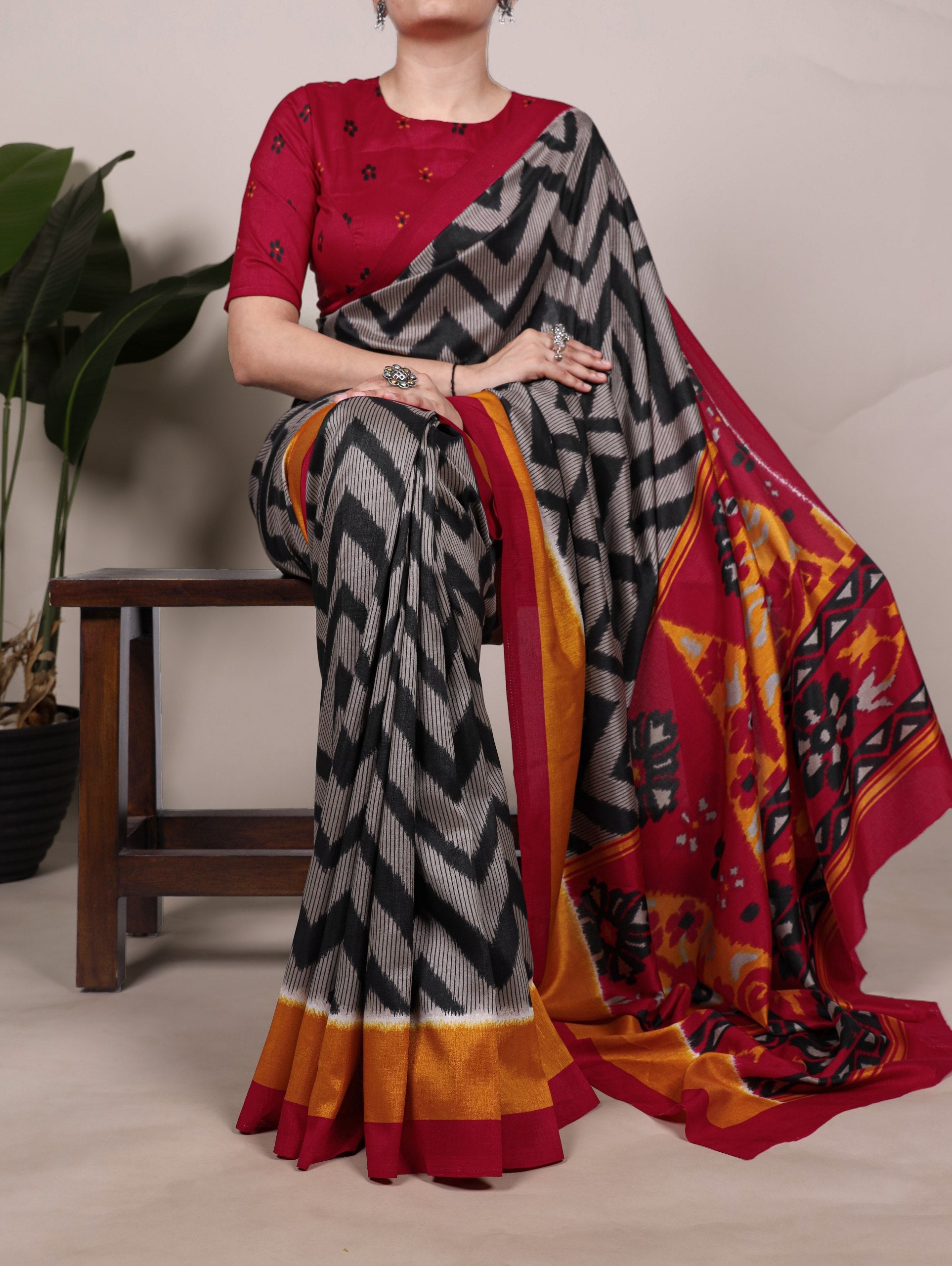 Black Graceful Printed Tasar Silk Saree with Matching Unstitched Blouse Piece ClothsVilla Main image