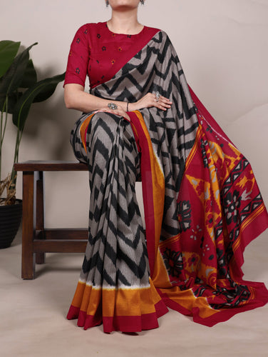 Black Graceful Printed Tasar Silk Saree with Matching Unstitched Blouse Piece ClothsVilla