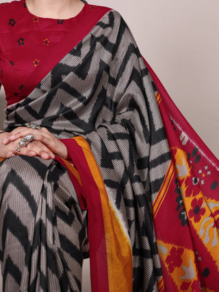 Black Graceful Printed Tasar Silk Saree with Matching Unstitched Blouse Piece ClothsVilla