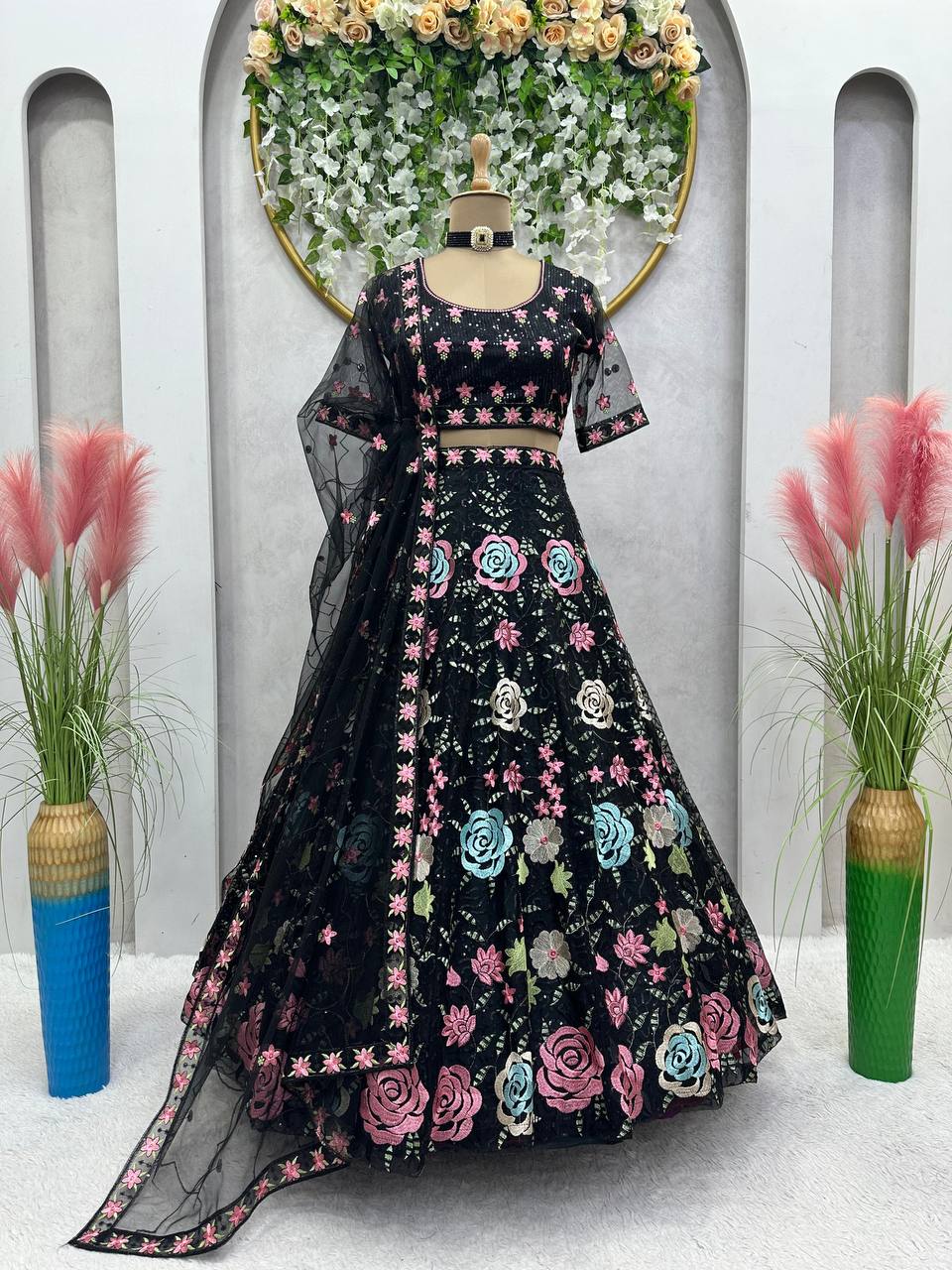 Black Graceful Soft Net Semi-Stitched Lehenga Choli Set with Elegant Sequence Work Clothsvilla