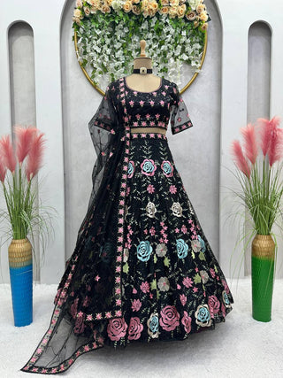 Black Graceful Soft Net Semi-Stitched Lehenga Choli Set with Elegant Sequence Work Clothsvilla