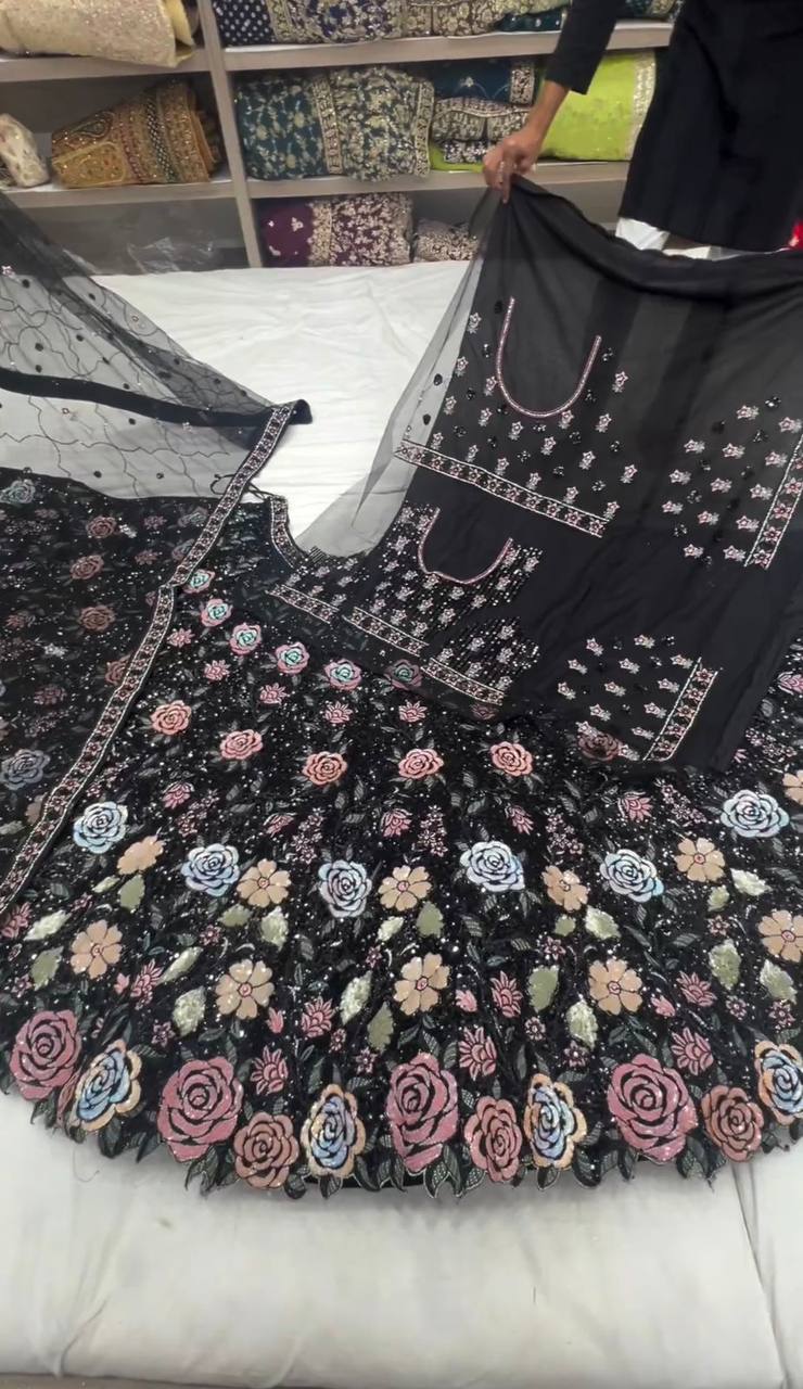 Black Graceful Soft Net Semi-Stitched Lehenga Choli Set with Elegant Sequence Work Clothsvilla