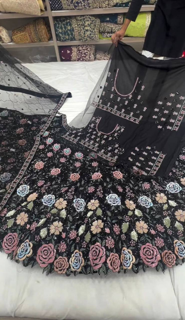 Black Graceful Soft Net Semi-Stitched Lehenga Choli Set with Elegant Sequence Work Clothsvilla